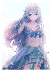 Rule 34 | 1girl, bare shoulders, blue eyes, blue skirt, breasts, doris (hololive), fins, gem, hair ornament, head fins, highres, hololive, hololive china, long hair, looking at viewer, navel, pearl (gemstone), seashell, shell, silver hair, simple background, siyumu, skirt, small breasts, smile, solo, standing, thigh strap, tiara, very long hair, virtual youtuber