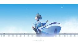 Rule 34 | 1boy, absurdres, arm at side, black shirt, blue cape, blue capelet, blue hair, blue sky, cape, capelet, closed mouth, collared shirt, commentary, dandelion, day, earrings, eyewear strap, flower, glasses, glint, gold earrings, gradient hair, grey hair, hand up, highres, holding, holding flower, ike eveland, ike eveland (1st costume), jacket, jacket on shoulders, jewelry, letterboxed, long sleeves, male focus, multicolored hair, nijisanji, nijisanji en, open clothes, open jacket, outdoors, pants, railing, shirt, short hair, sky, smile, standing, tassel, virtual youtuber, white jacket, white pants, yandee233