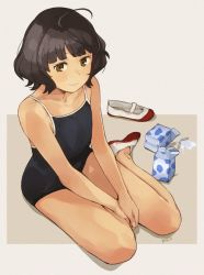 Rule 34 | 1girl, ahoge, black one-piece swimsuit, blunt bangs, blush, brown eyes, brown hair, competition school swimsuit, drinking straw, kantai collection, kishinami (kancolle), makio (makiomeigenbot), milk, milk carton, one-piece swimsuit, school swimsuit, shoes, short hair, signature, simple background, sitting, smile, solo, spill, spilled milk, swimsuit, two-tone background, uwabaki