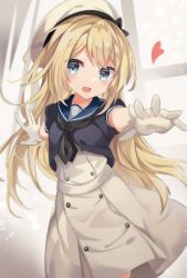 Rule 34 | 1girl, blonde hair, blue eyes, blue sailor collar, dress, fathom, foreshortening, gloves, hat, heart, highres, jervis (kancolle), kantai collection, looking at viewer, sailor collar, sailor dress, sailor hat, solo, white background, white dress, white gloves, white hat