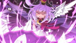 Rule 34 | absurdres, ahoge, crown, closed eyes, fang, fighting, game cg, highres, horns, huge ahoge, long hair, makai shin trillion, mini crown, nanameda kei, official art, open mouth, pink hair, pointy ears, ruche, solo, tears, wings
