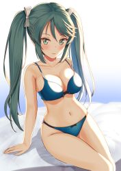 Rule 34 | 1girl, absurdres, aqua hair, arm support, bed sheet, blue bra, blue panties, blush, bra, breasts, cleavage, collarbone, feet out of frame, fingernails, gradient background, green eyes, highres, isuzu (kancolle), kantai collection, large breasts, long hair, navel, panties, sitting, smile, solo, twintails, underwear, underwear only, zuki
