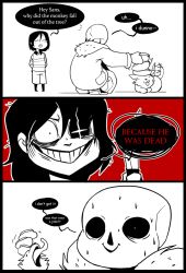 Rule 34 | 1boy, 3koma, ^ ^, androgynous, annoying dog, black hair, chara (undertale), closed eyes, comic, comic sans, constricted pupils, dark persona, dog, english text, evil grin, evil smile, frisk (undertale), glowing, glowing eye, grin, hood, hoodie, hot dog, knife, long tongue, monochrome, nervous sweating, on head, palidoozy-art, sans (undertale), shirt, simple background, skeleton, smile, spoilers, spot color, squatting, stacking, striped clothes, striped shirt, sweat, text focus, tongue, tongue out, undertale
