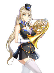 Rule 34 | 1girl, alternate hair color, band uniform, bare shoulders, black hat, black jacket, black skirt, blonde hair, blue eyes, breasts, buttons, cleavage cutout, closed mouth, closers, clothing cutout, collared jacket, cowboy shot, double-breasted, fold-over gloves, french horn, gloves, hand up, harpy (closers), hat, highres, holding, holding instrument, instrument, jacket, large breasts, leg up, long hair, marching band, mini shako cap, miniskirt, mole, mole under eye, necktie, official art, pleated skirt, ponytail, shako cap, sidelocks, skirt, sleeveless, sleeveless jacket, smile, solo, thighhighs, uniform, v-shaped eyebrows, very long hair, walking, white background, white gloves, white necktie, white thighhighs, wing collar, zettai ryouiki