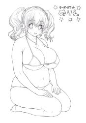Rule 34 | 1girl, blush, breasts, cleavage, greyscale, headphones, huge breasts, lineart, looking at viewer, monochrome, navel, nitroplus, open mouth, plump, seiza, short hair, sitting, smile, solo, super pochaco, swimsuit, tsuji santa, twintails