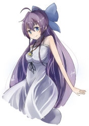 Rule 34 | 10s, 1girl, blue eyes, dress, hair ribbon, jewelry, long hair, looking at viewer, pendant, ponytail, purple hair, ribbon, ryuugajou nanana, ryuugajou nanana no maizoukin, simple background, solo, very long hair, white background