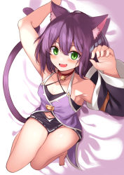 Rule 34 | 1girl, :d, animal ear fluff, animal ears, arms up, bare legs, bare shoulders, barefoot, bed sheet, bell, cat ears, cat girl, cat tail, clothing cutout, collar, collarbone, commentary request, criss-cross halter, detached sleeves, dress, fang, fingernails, from above, green eyes, hair between eyes, halterneck, highres, looking at viewer, lying, mahcdai, medium hair, mole, mole under eye, navel, navel cutout, neck bell, on back, open mouth, original, purple dress, purple hair, red collar, short dress, single detached sleeve, single sleeve, slit pupils, smile, solo, spaghetti strap, tail