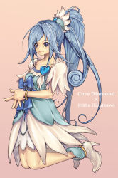 Rule 34 | 1girl, asymmetrical clothes, blue eyes, blue hair, boots, bow, bracelet, brooch, character name, cure diamond, curly hair, dokidoki! precure, dress, full body, heart, heart brooch, high heels, hishikawa rikka, jewelry, kneeling, kubu kurin, long hair, magical girl, matching hair/eyes, own hands together, ponytail, precure, ribbon, sepia background, shoes, smile, solo