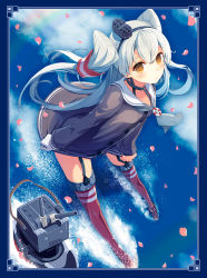 Rule 34 | 10s, 1girl, amatsukaze (kancolle), asymmetric gloves, asymmetrical gloves, brown eyes, choker, dress, garter straps, gloves, hair ornament, hair tubes, hairband, kantai collection, leaning forward, long hair, looking at viewer, looking up, petals, rensouhou-kun, sailor dress, school uniform, serafuku, short dress, silver hair, striped clothes, striped thighhighs, thighhighs, turret, two side up, uneven gloves, white gloves, yashiro seika