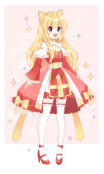 Rule 34 | 1girl, :d, arch bishop (ragnarok online), blonde hair, blush, bow, double bun, dress, fingernails, frilled sleeves, frilled thighhighs, frills, full body, hair between eyes, hair bun, high heels, high priest (ragnarok online), highres, light (luxiao deng), long hair, long sleeves, open mouth, pink background, purple eyes, ragnarok online, red dress, red footwear, shoes, sidelocks, sleeves past wrists, smile, solo, sparkle, standing, thighhighs, two-tone background, very long hair, white background, white thighhighs, wide sleeves, yellow bow