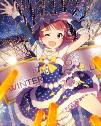 Rule 34 | 10s, 1girl, ;d, brown eyes, brown hair, christmas lights, christmas ornaments, dress, fur trim, hairband, idolmaster, idolmaster million live!, looking at viewer, musical note, nonohara akane, official art, one eye closed, open mouth, short hair, smile, solo, star (symbol), star print, wink