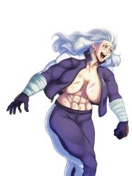 Rule 34 | 1girl, abs, absurdres, areola slip, bandaged arm, bandages, blood, bodysuit, breasts, dorohedoro, female focus, gloves, gym uniform, happy, highres, jacket, large breasts, long hair, looking to the side, midriff, moving, muscular, muscular arms, muscular female, muscular legs, navel, nipples, noi (dorohedoro), open clothes, open jacket, ornament, partially undressed, red eyes, smile, solo, walking, white hair