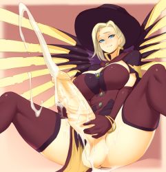 Rule 34 | 1futa, absurdres, alternate costume, blizzard (company), blonde hair, blue eyes, breasts, cleavage, cum, ejaculation, erection, from below, full-package futanari, futanari, futanari masturbation, halloween, hat, highres, large breasts, large penis, long hair, looking at viewer, masturbation, mercy (overwatch), necrosmos, overwatch, overwatch 1, penis, projectile cum, smile, solo, spread legs, testicles, thighhighs, uncensored, witch, witch hat