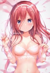 Rule 34 | 1girl, amedamacon, bed sheet, blue eyes, blush, bow, bow bra, bra, breasts, closed mouth, collarbone, commentary request, fingernails, go-toubun no hanayome, hair between eyes, hands up, long hair, looking at viewer, lying, medium breasts, nakano miku, navel, on back, petals, red eyes, smile, solo, strap slip, twitter username, underwear, underwear only, upper body, white bra