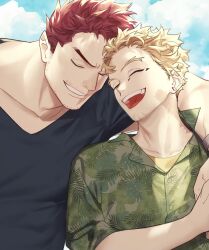 Rule 34 | 2boys, arm around shoulder, black shirt, blonde hair, blue sky, boku no hero academia, closed eyes, collarbone, commentary, earrings, endeavor (boku no hero academia), facial hair, goatee stubble, green shirt, grin, happy, hawaiian shirt, hawks (boku no hero academia), highres, jewelry, male focus, multiple boys, open mouth, outdoors, pon52io, red hair, red shirt, scar, scar on face, shirt, short hair, short sleeves, sideburns, sky, smile, sparse stubble, stubble, symbol-only commentary, upper body, yaoi