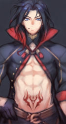 Rule 34 | 10s, 1boy, abs, bad id, bad pixiv id, bare pectorals, belt, black coat, black gloves, black hair, blue eyes, closed mouth, coat, folks (nabokof), gloves, gradient hair, looking at viewer, male focus, multicolored hair, namco, pectorals, popped collar, red hair, smile, solo, stomach tattoo, tales of (series), tales of crestoria, tattoo, upper body, vicious (tales)