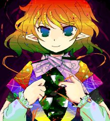 Rule 34 | 1girl, bad id, bad pixiv id, black background, blouse, blue eyes, female focus, gradient hair, green eyes, kazu (muchuukai), mizuhashi parsee, multicolored hair, open clothes, open shirt, pointy ears, shirt, solo, touhou, upper body