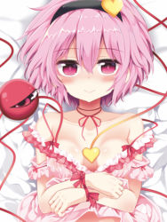 Rule 34 | 1girl, bare shoulders, bed sheet, black hairband, blush, breasts, choker, collarbone, commentary request, frills, hair between eyes, hair ornament, hairband, heart, heart hair ornament, komeiji satori, lingerie, looking at viewer, lying, maturiuta sorato, medium breasts, off shoulder, on back, pink eyes, pink hair, red choker, red ribbon, ribbon, ribbon choker, seductive smile, shadow, shiny skin, short hair, smile, solo, third eye, touhou, underwear, upper body, wrist ribbon
