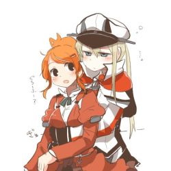 Rule 34 | 10s, 2girls, aquila (kancolle), black eyes, black gloves, blonde hair, blue eyes, commentary request, gloves, graf zeppelin (kancolle), hair ornament, hairclip, hat, high ponytail, hug, hug from behind, kantai collection, lowres, multiple girls, open mouth, orange hair, peaked cap, rebecca (keinelove), sidelocks, sitting, sitting on lap, sitting on person, smile, translation request, twintails, yuri