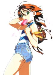 Rule 34 | 1girl, arm behind head, arm up, backpack, bag, bandaid, cherry blossoms, cowboy shot, denim, denim shorts, food, green eyes, highres, jewelry, looking at viewer, mouth hold, necklace, non-web source, official art, popsicle, purple shorts, red eyes, red hair, scan, shirt, shirt tucked in, short hair, short shorts, shorts, simple background, sleeveless, sleeveless shirt, solo, soreyuke! uchuu senkan yamamoto youko, striped clothes, striped shirt, watanabe akio, white background, yamamoto youko