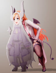 Rule 34 | 1girl, absurdres, black footwear, black horns, black thighhighs, blonde hair, blue eyes, character cutout, coat, commentary request, demon girl, demon horns, demon tail, demon wings, frilled shirt, frills, full body, garter straps, gradient background, grey background, highres, hololive, horns, la+ darknesss, lab coat, lace, lace-trimmed thighhighs, long hair, long sleeves, nymph rhythm, open clothes, open coat, open mouth, pink shirt, pointy ears, shirt, simple background, smile, solo, standing, strappy heels, swept bangs, tail, thighhighs, very long hair, virtual youtuber, white coat, wings, yuzuki choco, yuzuki choco (1st costume)