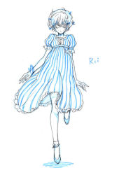 Rule 34 | 1girl, ayanami rei, ballet slippers, bangle, bracelet, character name, closed eyes, dress, frilled dress, frills, full body, hair ornament, jewelry, neon genesis evangelion, puffy short sleeves, puffy sleeves, short hair, short sleeves, solo, standing, standing on one leg, striped clothes, striped dress, tiptoes, white background