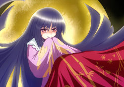 Rule 34 | 1girl, black hair, blunt bangs, female focus, full moon, giorgio claes, hime cut, houraisan kaguya, japanese clothes, long hair, moon, red eyes, smile, solo, touhou