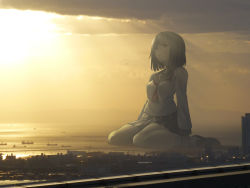 Rule 34 | 1girl, blue eyes, breasts, brown hair, building, city, cloud, giant, giantess, kuro oolong, light rays, loafers, looking up, medium breasts, open mouth, original, outdoors, pleated skirt, school uniform, serafuku, ship, shoes, shore, short hair, sitting, size difference, skirt, socks, solo, sunset, wariza, watercraft, white socks
