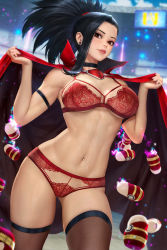 Rule 34 | 1girl, black choker, black eyes, black hair, black thighhighs, blurry, blurry background, blush, boku no hero academia, bra, breasts, cape, choker, earrings, hair pulled back, jewelry, lingerie, long hair, looking at viewer, medium breasts, mixed-language commentary, navel, neoartcore, outdoors, panties, parted lips, ponytail, red bra, red cape, red panties, solo, thighhighs, underwear, yaoyorozu momo