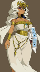 Rule 34 | 1girl, breasts, bright pupils, card, cleavage, closed mouth, dark-skinned female, dark skin, dress, duel disk, egyptian clothes, frown, gold, hair tubes, highres, ishizu ishtar, large breasts, looking at viewer, millennium necklace, purple eyes, simple background, solo, standing, v-shaped eyebrows, white dress, white pupils, yu-gi-oh!, yu-gi-oh! duel monsters, yuta agc
