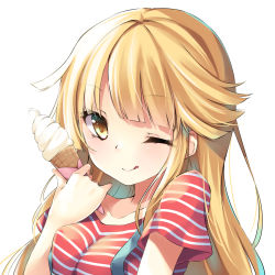 Rule 34 | 1girl, ;q, bang dream!, blonde hair, breasts, chiyonekoko, collarbone, food, hand on own chest, holding, holding food, ice cream cone, long hair, looking at viewer, one eye closed, red shirt, shirt, simple background, small breasts, smile, solo, striped clothes, striped shirt, tongue, tongue out, tsurumaki kokoro, upper body, white background, yellow eyes