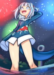 Rule 34 | 1girl, blue eyes, blue hair, blue hoodie, blush, bush, drantyno, fins, fireworks, fish tail, gawr gura, highres, hololive, hololive english, hood, hoodie, long sleeves, multicolored hair, night, open mouth, shark girl, shark tail, sharp teeth, short hair, sky, sleeves past wrists, smile, sparkle, standing, streaked hair, tail, teeth, twintails, two-tone hair, virtual youtuber, wading, water, white hair