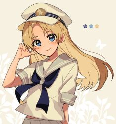 Rule 34 | 1girl, arisa (aren), arm behind back, black eyes, blonde hair, blouse, blue eyes, blush, closed mouth, commentary, eyes visible through hair, floating hair, flower (symbol), grey background, grey sailor collar, hand in own hair, hand up, hat, head tilt, long hair, looking at viewer, neckerchief, original, pleated skirt, purple neckerchief, sailor collar, sailor hat, shirt, short sleeves, skirt, smile, solo, upper body, white hat, white shirt, white skirt, wind