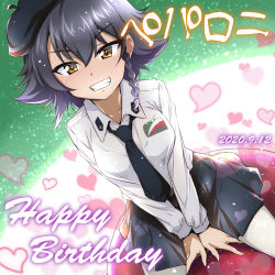 Rule 34 | 1girl, anzio school uniform, beret, black hat, black necktie, black skirt, braid, brown eyes, clenched teeth, commentary request, dated, girls und panzer, happy birthday, hat, heart, long sleeves, looking at viewer, nakahira guy, necktie, pantyhose, pepperoni (girls und panzer), school uniform, shirt, single braid, sitting, skirt, smile, solo, teeth, white pantyhose, white shirt