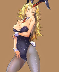 Rule 34 | 1girl, animal ears, bakuya, between breasts, blonde hair, breast hold, breasts, cleavage, cuffs, hand on thigh, highres, horns, hoshiguma yuugi, large breasts, leotard, long hair, looking at viewer, messy hair, navel, necktie, oni, pantyhose, playboy bunny, rabbit ears, seductive smile, see-through, simple background, single horn, skin tight, smile, solo, touhou, yellow eyes