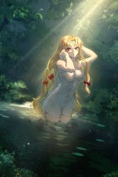 Rule 34 | 1girl, absurdres, artist name, baozishark, bare shoulders, bow, bush, colored eyelashes, dated, day, dutch angle, expressionless, forest, grass, hair intakes, hand in own hair, highres, light particles, light rays, lily pad, long hair, looking at viewer, naked towel, nature, navel, open mouth, outdoors, parted bangs, purple eyes, red bow, red pupils, reflection, ripples, see-through, shiny skin, solo, sunlight, thighs, touhou, towel, very long hair, wading, water, wet, wet hair, yakumo yukari