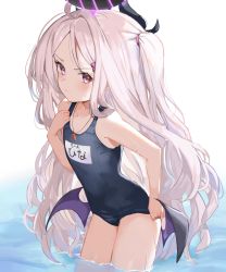 Rule 34 | 1girl, absurdres, ahoge, blue archive, blue one-piece swimsuit, blush, closed mouth, collarbone, commentary request, cowboy shot, flat chest, hair ornament, hair tie, hairclip, halo, hand up, highres, hina (blue archive), hina (swimsuit) (blue archive), long hair, looking at viewer, low wings, name tag, one-piece swimsuit, one side up, parted bangs, purple eyes, solo, sorotu, swimsuit, very long hair, wading, water, whistle, whistle around neck, white hair, wings