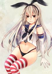 Rule 34 | 10s, 1girl, arm support, blonde hair, blush, brown eyes, crop top, crop top overhang, elbow gloves, gloves, groin, highres, kantai collection, light smile, long hair, midriff, navel, nose, sasakichi (ssk chi), shimakaze (kancolle), sitting, skindentation, solo, striped clothes, striped thighhighs, thigh gap, thighhighs
