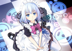 Rule 34 | 10s, 1girl, absurdres, aoi kao (lsz7106), blue eyes, bow, bowtie, checkered floor, date a live, from above, highres, kneeling, looking at viewer, maid, maid headdress, pantyhose, purple bow, short hair, silver hair, solo, tobiichi origami, white pantyhose