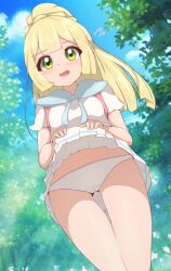 Rule 34 | 1girl, blonde hair, blunt bangs, blush, clothes lift, cloud, commentary request, creatures (company), day, eyelashes, flying sweatdrops, game freak, green eyes, lifted by self, lillie (pokemon), long hair, nintendo, open mouth, outdoors, panties, pleated skirt, pokemon, pokemon sm, shirt, short sleeves, skirt, skirt lift, sky, solo, strap, underwear, white panties, white shirt, yuzukiaz