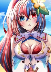 1girl alear_(female)_(fire_emblem) alear_(female)_(seaside_dragon)_(fire_emblem) alear_(fire_emblem) beach bikini blue_bikini blue_eyes blue_hair breasts character_ball cleavage criss-cross_halter crossed_bangs fire_emblem fire_emblem_engage fire_emblem_heroes halterneck heterochromia highres kokonenecokone large_breasts long_hair medium_breasts multicolored_bikini multicolored_clothes multicolored_hair multicolored_swimsuit nintendo ocean official_alternate_costume official_alternate_hairstyle outdoors ponytail red_bikini red_eyes red_hair sommie_(fire_emblem) split-color_hair swimsuit two-tone_hair white_bikini