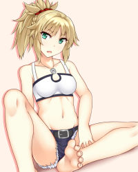 Rule 34 | 1girl, barefoot, belt, blue eyes, breasts, cutoffs, fang, fate/apocrypha, fate/grand order, fate (series), feet, groin, highres, looking at viewer, medium breasts, micro shorts, mordred (fate), mordred (fate/apocrypha), mordred (memories at trifas) (fate), nagamon (nagamonian), navel, open mouth, pink background, ponytail, short shorts, shorts, soles, solo