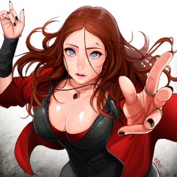 Rule 34 | 1girl, absurdres, alcoholrang, animification, avengers (series), black nails, blue eyes, breasts, brown hair, cleavage, female focus, highres, jewelry, large breasts, lips, long hair, marvel, nail polish, necklace, parted lips, ring, scarlet witch, solo, wanda maximoff