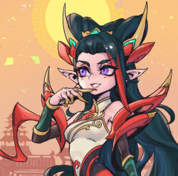 Rule 34 | bare shoulders, black dress, black hair, black sleeves, breasts, building, china dress, chinese clothes, detached sleeves, dress, grin, hair ornament, hand up, league of legends, long hair, medium breasts, multicolored clothes, multicolored dress, multicolored hair, mythmaker zyra, official alternate costume, orange background, phantom ix row, pointy ears, purple eyes, red dress, red hair, shiny skin, sideways glance, smile, sun, teeth, two-tone hair, upper body, very long hair, white dress, zyra