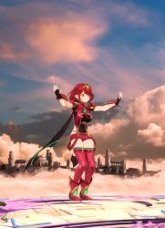 Rule 34 | 1girl, 3d, animated, backflip, boots, bouncing breasts, breasts, chest jewel, earrings, eyelashes, fingerless gloves, gloves, happy, headpiece, jewelry, large breasts, looking at viewer, mirabeau studios, nintendo, open mouth, outdoors, outstretched arms, pyra (xenoblade), red eyes, red hair, short hair, short shorts, shorts, smile, solo, standing, super smash bros., thigh boots, thighhighs, tiara, video, xenoblade chronicles (series), xenoblade chronicles 2