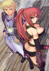 Rule 34 | 1boy, 1girl, ass, blonde hair, blue eyes, boots, breasts, butt crack, gloves, green eyes, grin, large breasts, long hair, lowres, ponytail, red hair, short hair, shorts, smile, tagme