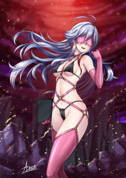 Rule 34 | 1girl, 86 -eightysix-, :d, adsouto, ahoge, bikini, billboard, blindfold, bondage outfit, breasts, elbow gloves, gloves, grey eyes, grey hair, harness, highres, long hair, medium breasts, open mouth, revealing clothes, rubble, signature, smile, solo, swimsuit, teeth, thighhighs, upper teeth only, vladilena millize, wind, wind lift