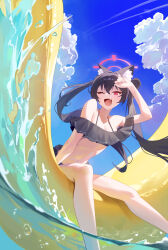 Rule 34 | 1girl, absurdres, animal ear fluff, animal ears, bare arms, bare legs, bare shoulders, bikini, black bikini, black hair, blue archive, breasts, cat ears, cleavage, cloud, cloudy sky, day, fang, feet out of frame, frilled bikini, frills, hair between eyes, halo, highres, long hair, nesun, official alternate costume, one eye closed, open mouth, outdoors, pink halo, red eyes, serika (blue archive), serika (swimsuit) (blue archive), sitting, sky, small breasts, smile, solo, swimsuit, twintails, water