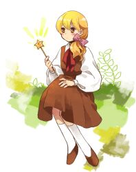 Rule 34 | 1girl, blonde hair, bow, brown dress, brown eyes, brown footwear, character request, closed mouth, collared shirt, commentary request, copyright request, dress, flat chest, hair bow, highres, holding, holding wand, kaigen 1025, low ponytail, neck ribbon, pinafore dress, pink bow, red ribbon, ribbon, shirt, side ponytail, sleeveless, sleeveless dress, socks, solo, wand, white shirt, white socks