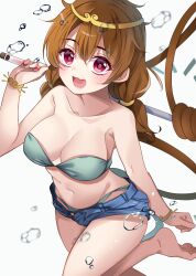 Rule 34 | 1girl, alternate costume, barefoot, breasts, brown hair, cleavage, denim, denim shorts, hair between eyes, highres, looking at viewer, medium breasts, meimei (meimei89008309), monkey girl, monkey tail, navel, open mouth, red eyes, short shorts, shorts, simple background, solo, son biten, tail, toes, touhou, twintails, water, white background
